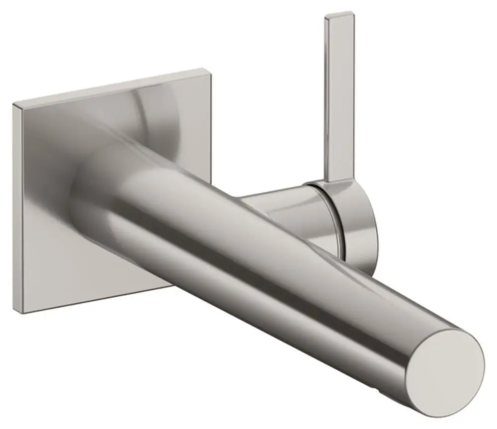 Keuco-Design-Wandmischer aus gebürstetem Nickel mit rundem Auslauf und quadratischer Wandplatte. Der Hebel zum Regulieren des Wasserflusses ist seitlich positioniert.